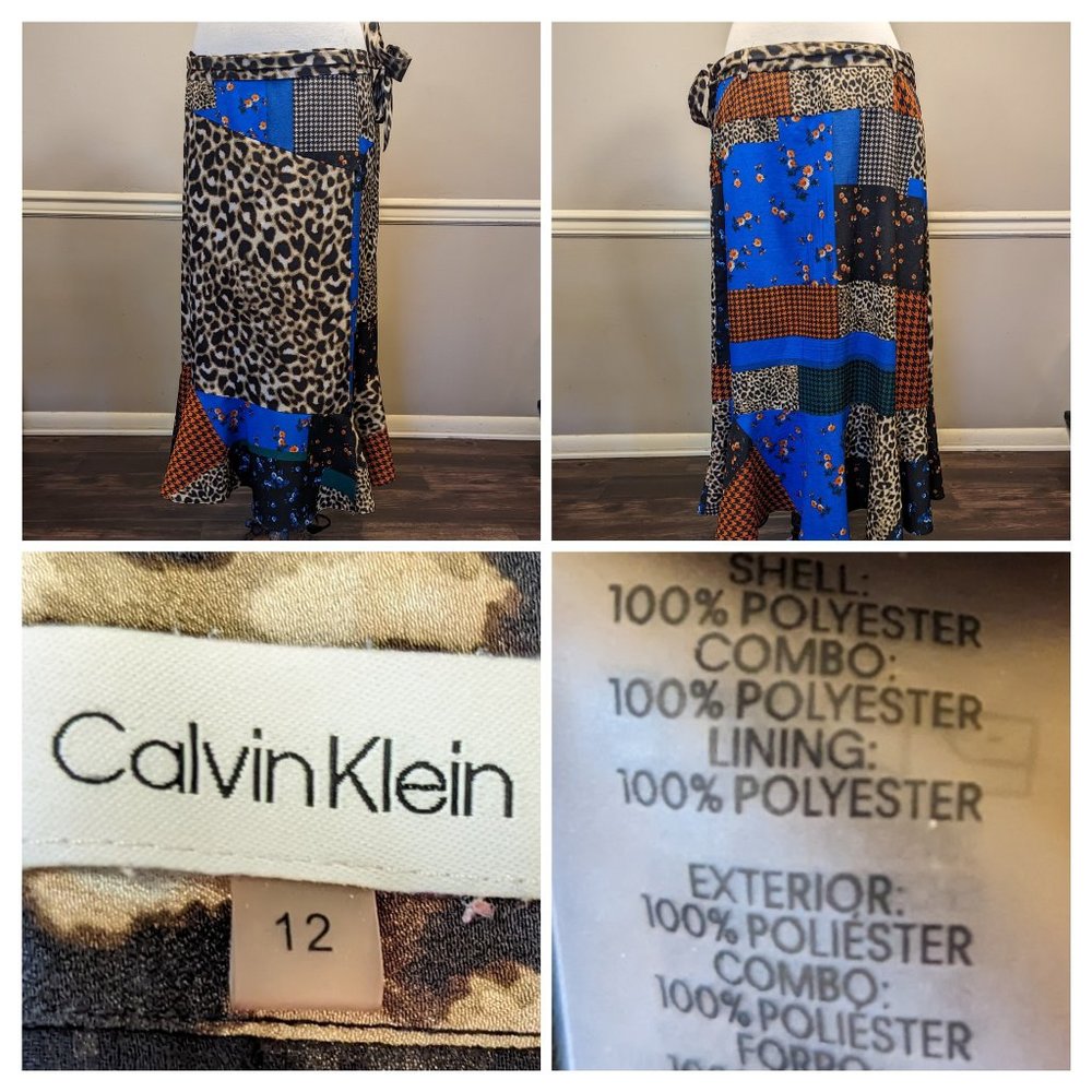 Women's Size 12 Black Blue Orange Calvin Klein Patterned Animal Print Skirt